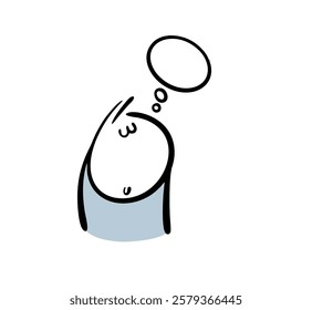 Stickman in blue has closed his eyes, relaxed and is thinking about good things. Vector illustration of a satisfied man dreaming. Isolated funny cartoon person on white background.