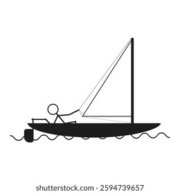 Stickman in boat. Sailing vector shape. Water activity icon. Aquatic motion symbol. EPS 10.