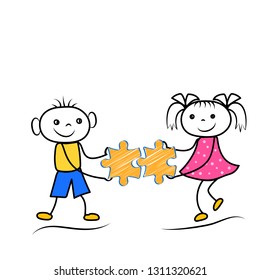Stickman boy and girl holding puzzle icons. Teamwork or problem solving cartoon figures. Vector illustration