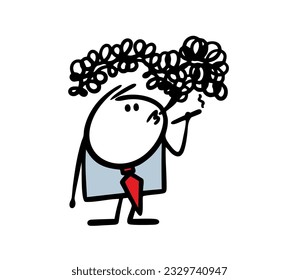 Stickman in a business suit left the office for a break and smokes a cigarette in a puff of smoke. Vector illustration of a bad habit.Doodle cartoon stick man character isolated on white background.