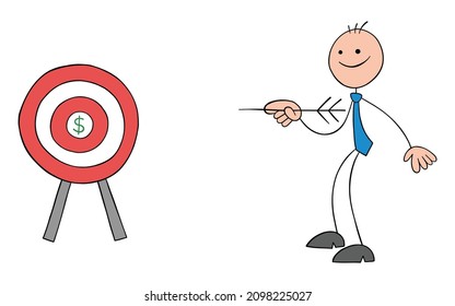 Stickman businessman with bulls eye and dollr symbol in the center and holding an arrow. Hand drawn outline cartoon vector illustration.