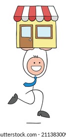 Stickman businessman is carrying shop and running. Hand drawn outline cartoon vector illustration.