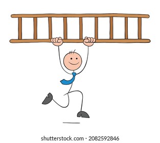 Stickman businessman carrying wooden ladder and running. Hand drawn outline cartoon vector illustration.