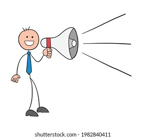 Stickman businessman character announcing using a megaphone, vector cartoon illustration. Black outlined and colored. 