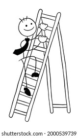 Stickman businessman character climbing the wooden ladder, vector cartoon illustration. Black outlined and white colored.