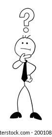 Stickman Businessman Character Confused, Vector Cartoon Illustration. Black Outlined And White Colored.