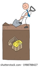 Stickman businessman character digging the ground and big treasure under the soil, vector cartoon illustration. Black outlined and colored. 