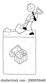 Stickman businessman character digging the ground and big treasure under the soil, vector cartoon illustration. Black outlined and white colored.