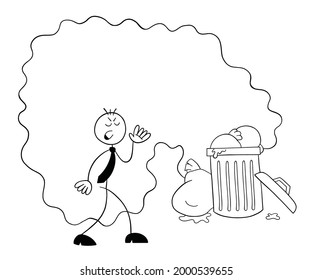 Stickman businessman character disgusted by the smell of garbage, vector cartoon illustration. Black outlined and white colored.