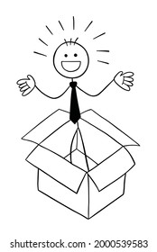 Stickman businessman character in the empty box and happy, vector cartoon illustration. Black outlined and white colored.