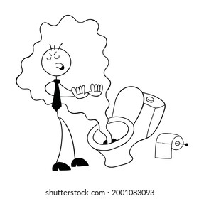 Stickman businessman character in front of the toilet and it smells really bad, vector cartoon illustration. Black outlined and white colored.