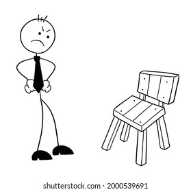 Stickman businessman character gets angry when he sees the wooden chair, vector cartoon illustration. Black outlined and white colored.