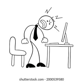 Stickman Businessman Character Getting Angry At The Computer, Vector Cartoon Illustration. Black Outlined And White Colored.