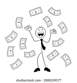 Stickman Businessman Character Happy And Paper Moneys Floating In Air, Vector Cartoon Illustration. Black Outlined And White Colored.