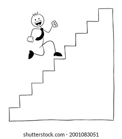 Stickman businessman character happy and running stairs, vector cartoon illustration. Black outlined and white colored.