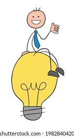 Stickman businessman character happy and sitting on the light bulb idea, vector cartoon illustration. Black outlined and colored. 