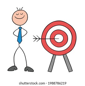 Stickman businessman character hits the target of bulls eye and proud, vector cartoon illustration. Black outlined and colored. 