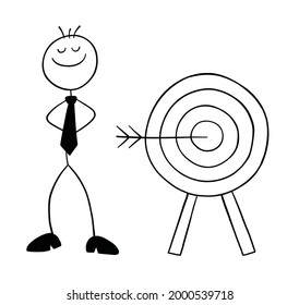Stickman businessman character hits the target of bulls eye and proud, vector cartoon illustration. Black outlined and white colored.