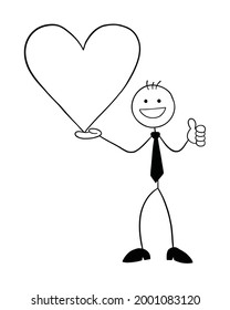 Stickman businessman character holding heart symbol and giving thumbs up, vector cartoon illustration. Black outlined and white colored.