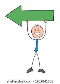 Stickman businessman character holding up left arrow, vector cartoon illustration. Black outlined and colored. 