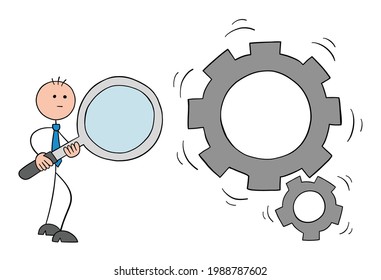 Stickman businessman character holding a magnifying glass and looking at spinning gears, vector cartoon illustration. Black outlined and colored. 