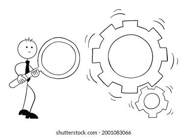 Stickman businessman character holding a magnifying glass and looking at spinning gears, vector cartoon illustration. Black outlined and white colored.