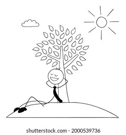 Stickman Businessman Character Leaning Against A Tree And Resting In The Sunshine, Vector Cartoon Illustration. Black Outlined And White Colored.