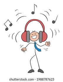 Stickman businessman character listening to loud music with big earphones, vector cartoon illustration. Black outlined and colored. 