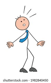 Stickman businessman character looking up and surprised, vector cartoon illustration. Black outlined and colored. 