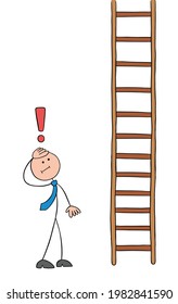 Stickman businessman character looking at the very long wooden ladder and worried, vector cartoon illustration. Black outlined and colored. 