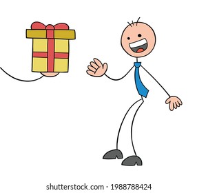 Stickman businessman character receives a gift and is very happy, vector cartoon illustration. Black outlined and colored. 