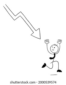 Stickman businessman character running away from arrow falling down, vector cartoon illustration. Black outlined and white colored.