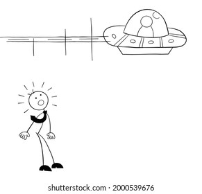 Stickman businessman character sees UFO and is surprised, vector cartoon illustration. Black outlined and white colored.