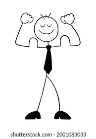 Stickman Businessman Character Strong And Showing Biceps, Vector Cartoon Illustration. Black Outlined And White Colored.