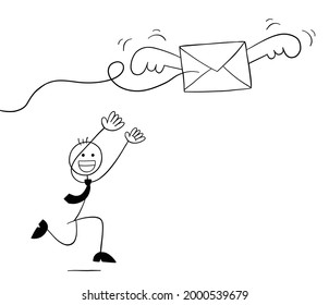 Stickman businessman character trying to catch the flying envelope, vector cartoon illustration. Black outlined and white colored.