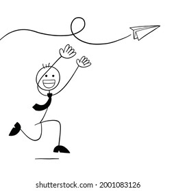 Stickman Businessman Character Trying To Catch The Paper Plane, Vector Cartoon Illustration. Black Outlined And White Colored.