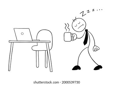 Stickman businessman character very sleepy, walking to his desk with coffee, vector cartoon illustration. Black outlined and white colored.