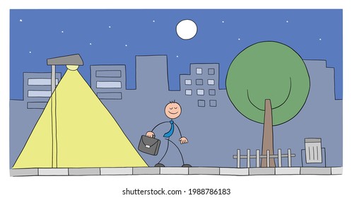 Stickman businessman character walking on the street at night, vector cartoon illustration. Black outlined and colored. 