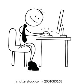 Stickman businessman character working at the computer and happy, vector cartoon illustration. Black outlined and white colored.