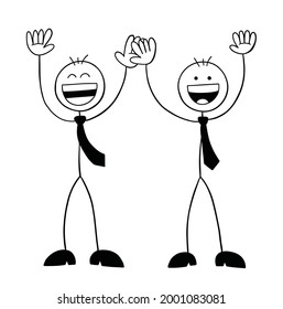 Stickman businessman characters raise their hands up and they are very happy, vector cartoon illustration. Black outlined and white colored.