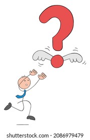 Stickman businessman chasing the winged flying question mark, trying to catch it. Hand drawn outline cartoon vector illustration.