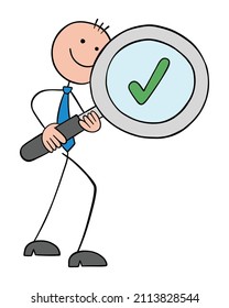 Stickman businessman examining and confirming with magnifying glass. Hand drawn outline cartoon vector illustration.