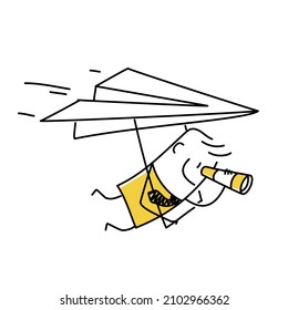 Stickman, businessman flying paper airplane origami as glider with spyglass. Career opportunity, future forecast. Doodle style. Vector illustration.