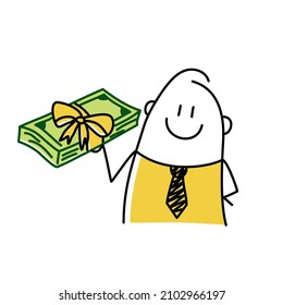 Stickman, businessman giving banknotes cash with reward ribbon. Paying extra bonus money to employee. Doodle style. Vector illustration.