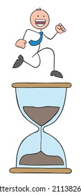 Stickman businessman is happy, energetic and running on the big hourglass. Hand drawn outline cartoon vector illustration.