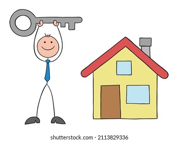 Stickman businessman has bought a house and is holding up the key. Hand drawn outline cartoon vector illustration.