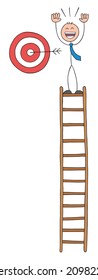 Stickman businessman has climbed to the top of the wooden ladder and is very happy to have hit the target. Hand drawn outline cartoon vector illustration.