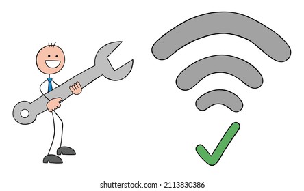 Stickman businessman has wrench and fixed wifi signal error. Hand drawn outline cartoon vector illustration.