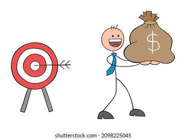 Stickman businessman hit the target and wins the sack of dollars and takes it away. Hand drawn outline cartoon vector illustration.