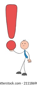 Stickman businessman holding exclamation mark. Hand drawn outline cartoon vector illustration.